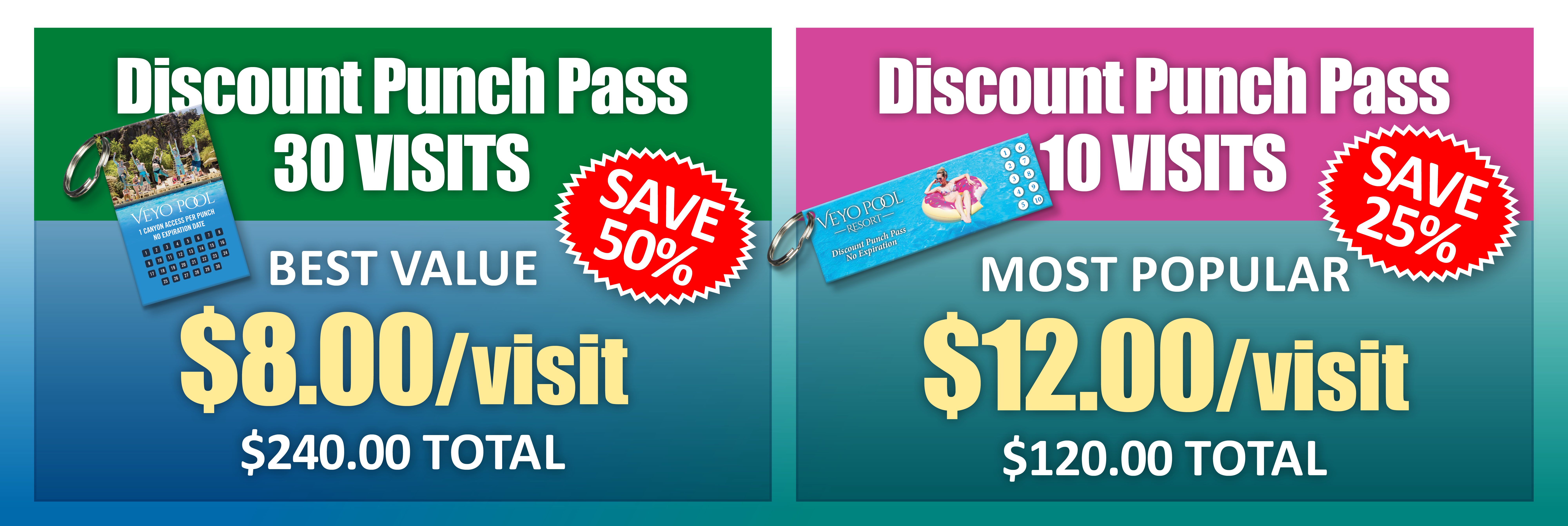 10-pass discount punch pass: $12.00/visit ($120 total, save 25%). 30-pass discount punch pass: $8.00/visit ($240 total, save 50%).