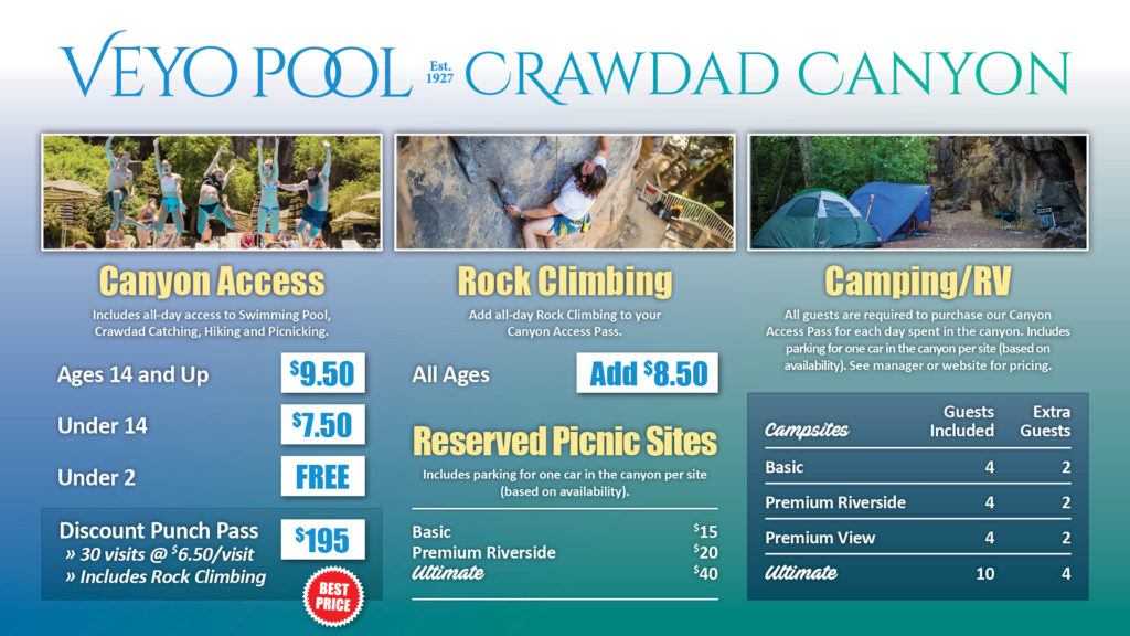 Veyo Pool & Crawdad Canyon Pricing Table