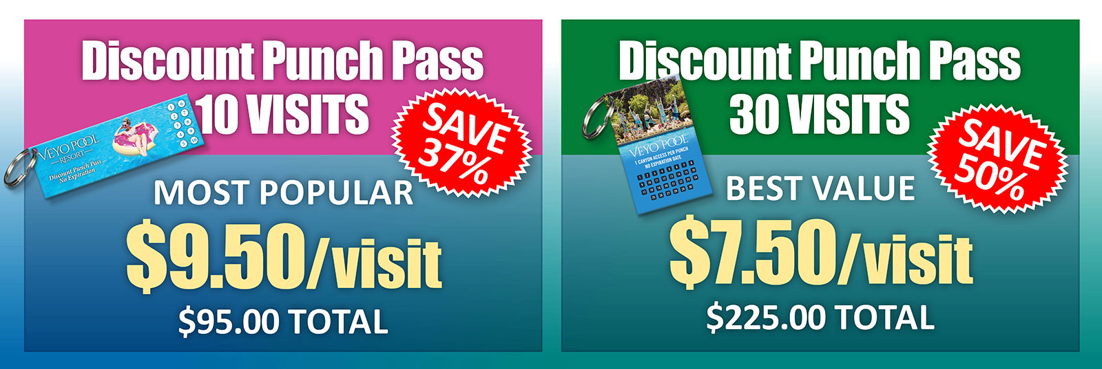 10-pass discount punch pass: $9.50/visit ($95 total, save 37%). 30-pass discount punch pass: $7.50/visit ($225 total, save 50%).